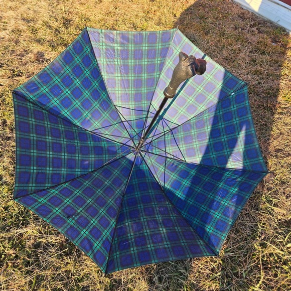 Aramis Tartan Plaid Umbrella Scottie Dog Handle Blue Green Scottish Terrier - Picture 3 of 10